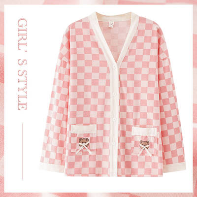 条纹单件睡衣上衣女秋季纯棉V领长袖对襟宽松衬衫春秋家居服上装