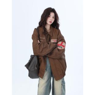 【坐吃山空】美式飞行员夹棉皮衣外套女中性风复古宽松棒球服夹克