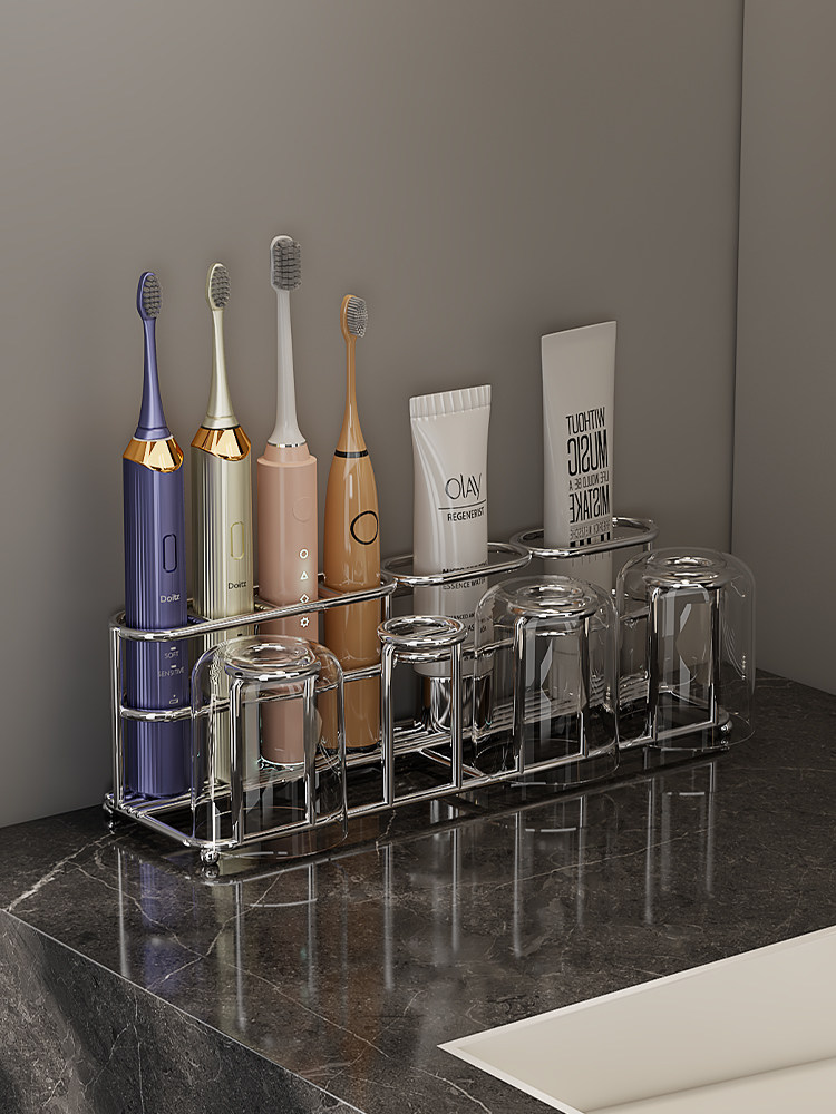 304不锈钢牙刷架浴室收纳架台面牙膏漱口杯架免打孔牙刷收纳架