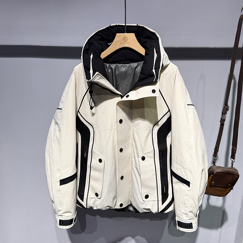 潮流个性撞色拼接连帽白鸭绒保暖羽绒服宽松百搭韩版休闲外套男士