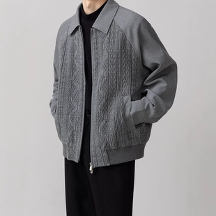 春季设计感粗纺绞花拼接男士夹克上衣2026新款复古时尚潮流外套男