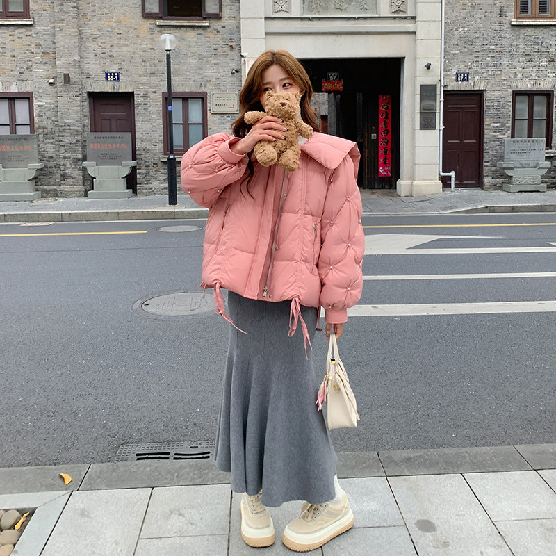 【】粉色白鸭绒娃娃领外套羽绒服2D111-A880P285K428，女装羽绒服，2D111