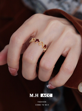 秋冬复古红色滴油蝴蝶戒指女款小众高级感精致指环轻奢百搭食指戒