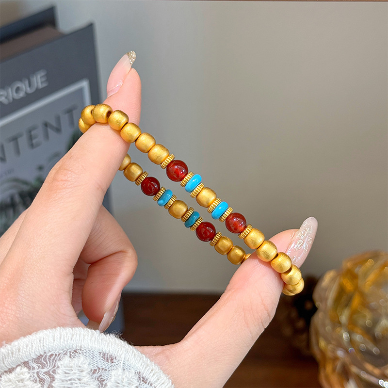 新中式古法金珠简约复古松石玛瑙手链高级感小众设计金色手串女