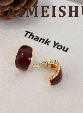 新款复古时尚百搭c型微镶锆石红色滴油耳环轻奢高级感925银针耳饰