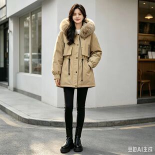 2026新款冬季大毛领派克羽绒棉服女抽绳收腰显瘦加厚款工装外套