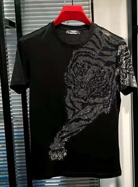 夏季潮牌下山虎短袖烫钻t恤男欧货大码重工镶钻老虎头半袖体恤衫