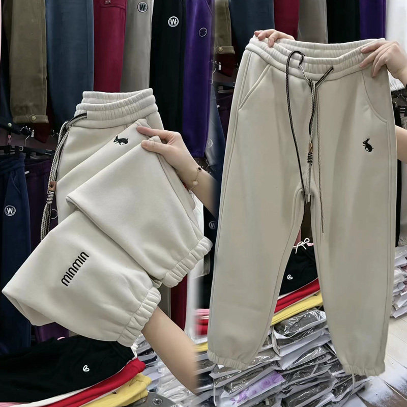 冬季新款加绒加厚卫裤女纯棉高腰休闲束脚裤洋气百搭刺绣运动长裤