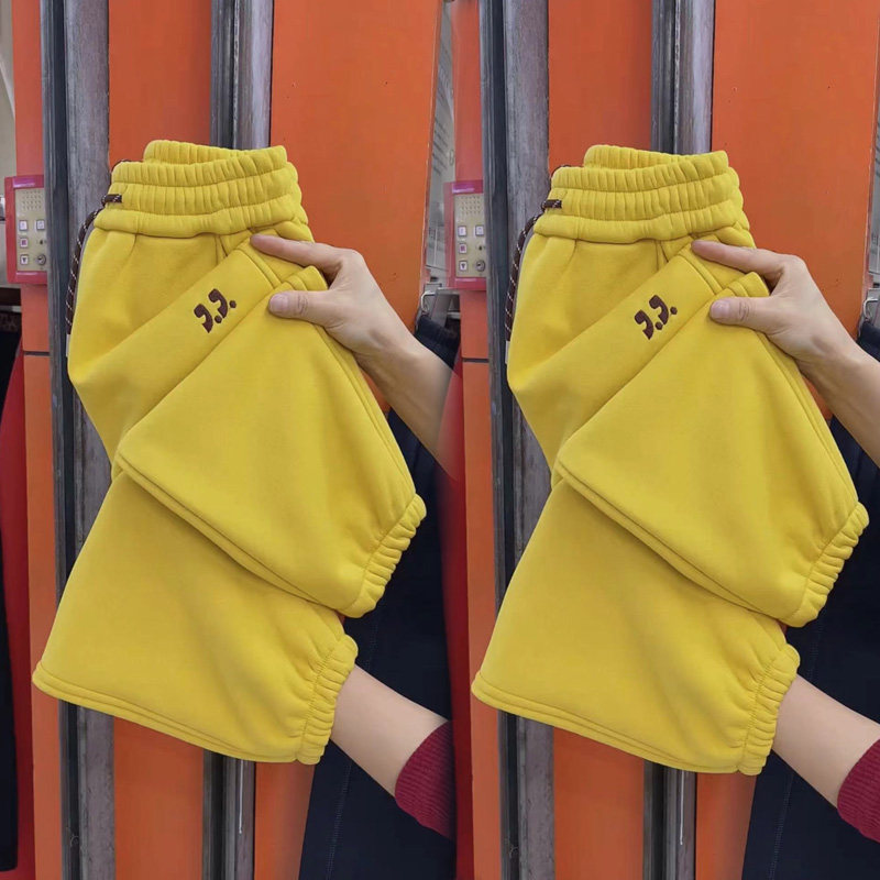 冬季新款糖果色加绒卫裤女高腰宽松束脚休闲裤纯棉加厚保暖运动裤