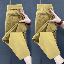 欧货水洗棉薄款休闲女裤高腰宽松显瘦纯色弹力纯棉哈伦九分奶奶裤