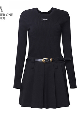 ANOTHER ONE安那迪学院风针织长袖连衣裙时髦miu系穿搭气质拼接假