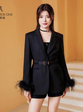 ANOTHER ONE安那迪高级感毛毛装饰黑色西装外套名媛气质上衣