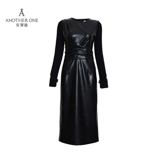 ANOTHER ONE安那迪法式高级感蛋白片拼接立裁小黑裙长袖连衣裙