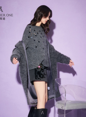 ANOTHER ONE安那迪灰色套头毛衣女秋冬亮片宽松慵懒风高级感上衣