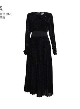 ANOTHER ONE安那迪修身丝绒长袖连衣裙女精致感优雅气质a字裙长裙