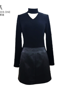 ANOTHER ONE安那迪时尚洋气套头黑色长袖V领修身显瘦连衣裙