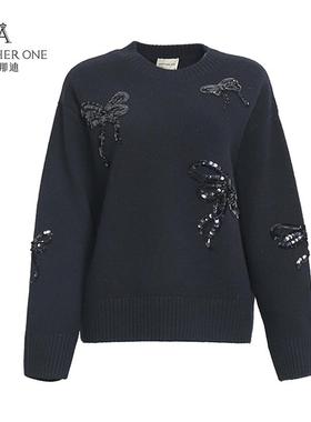 ANOTHER ONE安那迪亮片装饰蝴蝶结毛衣女圆领套头保暖舒适
