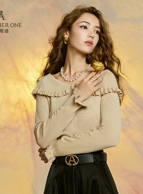 ANOTHER ONE安那迪法式荷叶边一字肩针织衫女新款修身显瘦上衣高