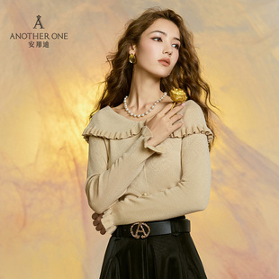ANOTHER ONE安那迪法式荷叶边一字肩针织衫女新款修身显瘦上衣高