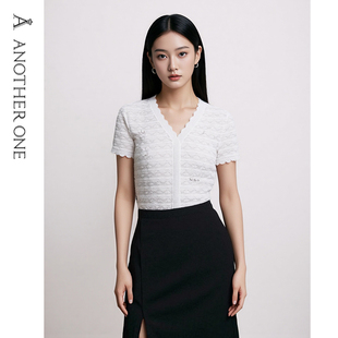ANOTHER ONE安那迪法式复古镂空v领针织衫女短袖气质显瘦小众设计