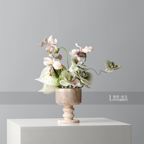 轻奢法式大理石高脚花瓶插花酒店会所客厅茶几粉色花艺高级感桌花