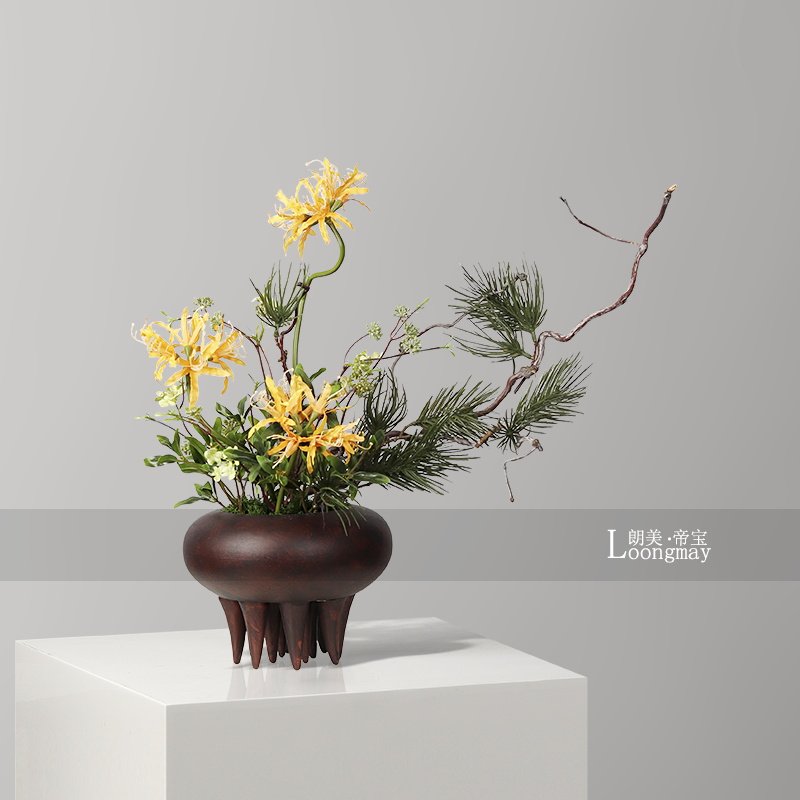 侘寂风高脚陶瓷花瓶插花酒店会所玄关餐桌花艺高级感花器软装摆件