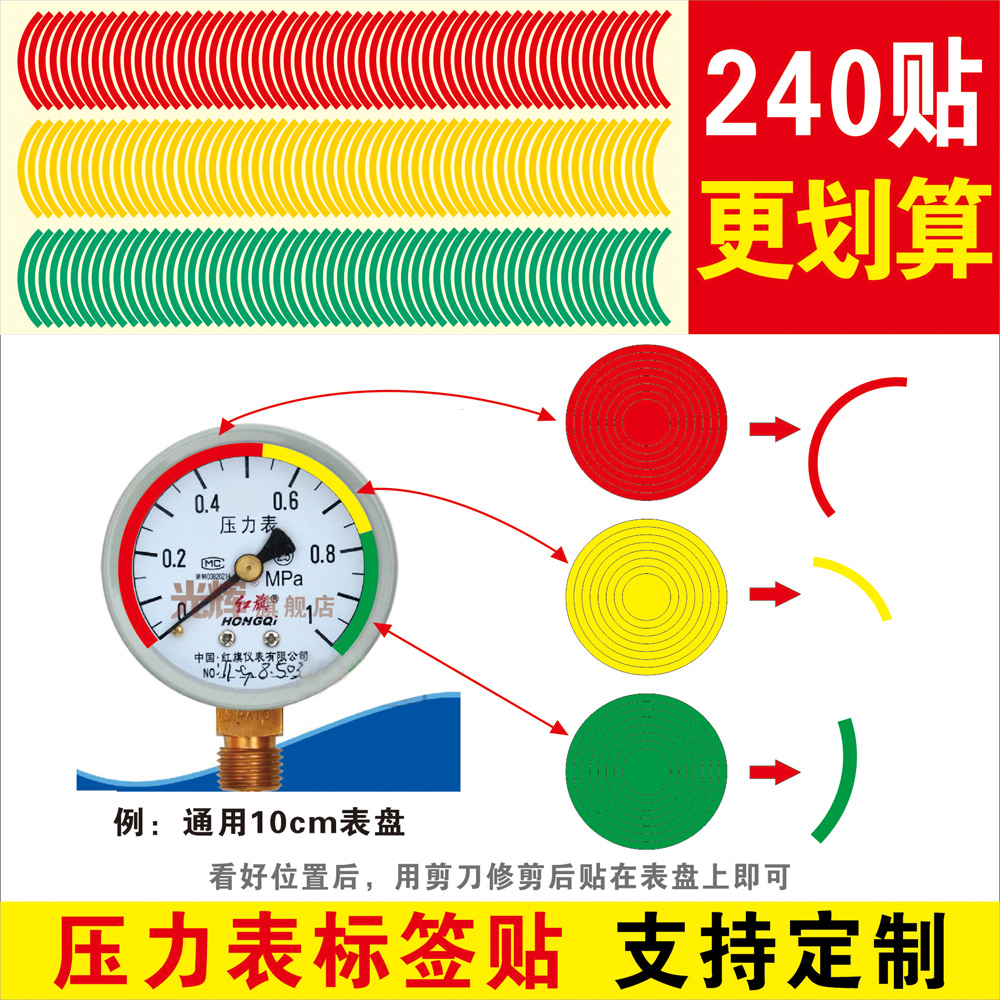 压力表上下限标识贴红黄绿三色标签仪表盘指示贴点检仪表标识压力表指针限位指示贴圆弧反光膜不干胶标示贴纸 文具电教/文化用品/商务用品 不干胶标签 原图主图