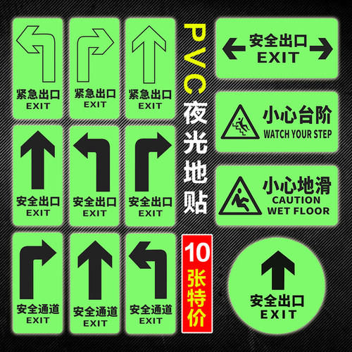 10张夜光地贴安全出口指示牌紧急疏散通道标识小心台阶小心地滑提示牌直行左右箭头逃生贴圆形耐磨自发光地标 - 封面