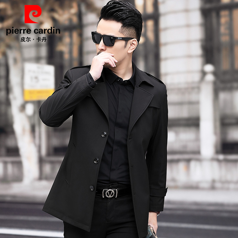 皮尔卡丹春秋季高档短款风衣男士中年气质商务休闲单排扣防风外套