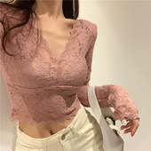 蕾丝衫 性感网纱内搭短款 显瘦打底v领长袖 2022新款 女 辣妹上衣春装