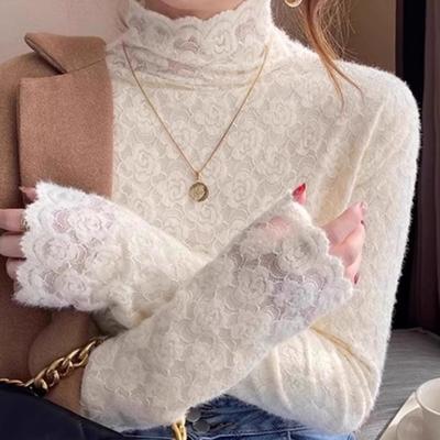 全身加绒半高领蕾丝打底衫女秋冬款高级感内搭洋气减龄气质上衣潮