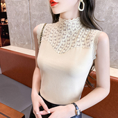 半高领蕾丝拼接保暖背心女秋冬自发热无袖 内搭磨毛德绒打底衫 上衣