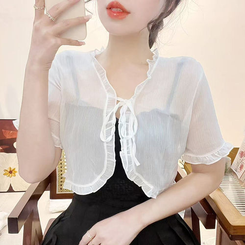 甜美钻石雪纺小披肩仙女衫短款罩衫2025夏季空调衫防晒遮阳衫搭配