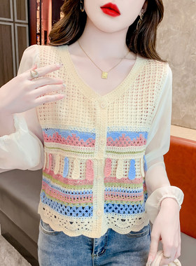 雪纺拼接针织开衫春季女款2025年新款薄款镂空别致长袖早秋女上衣