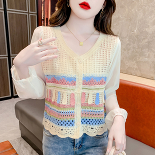 雪纺拼接针织开衫春季女款2025年新款薄款镂空别致长袖早秋女上衣