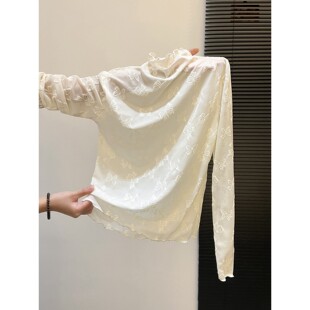 超绝春秋打底衫内搭蕾丝长袖T恤半高领木耳边设计感蝴蝶提花上衣