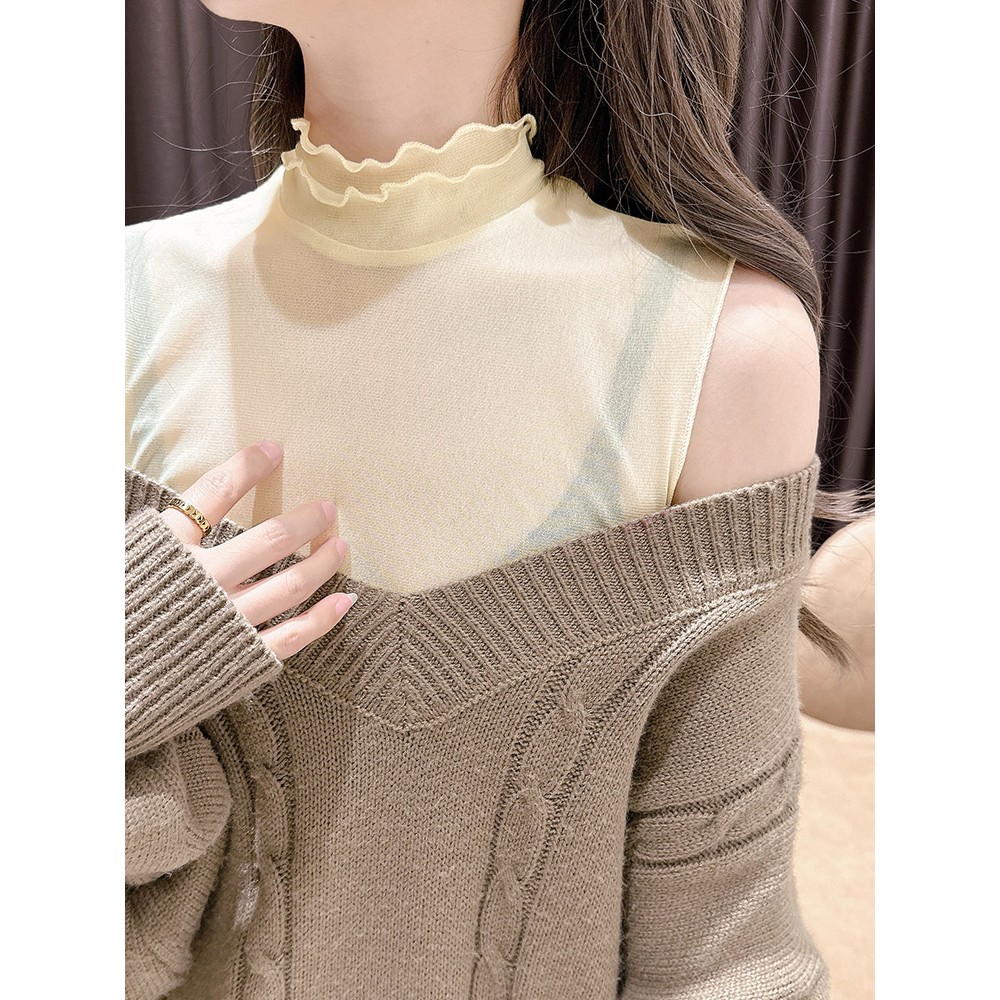 双层木耳边网纱半高假领子