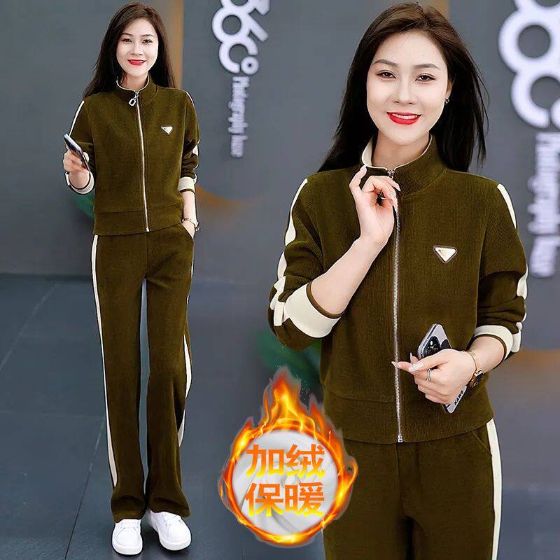 运动服套装女春秋2025新款时尚金丝坑条绒休闲卫衣百搭显瘦两件套