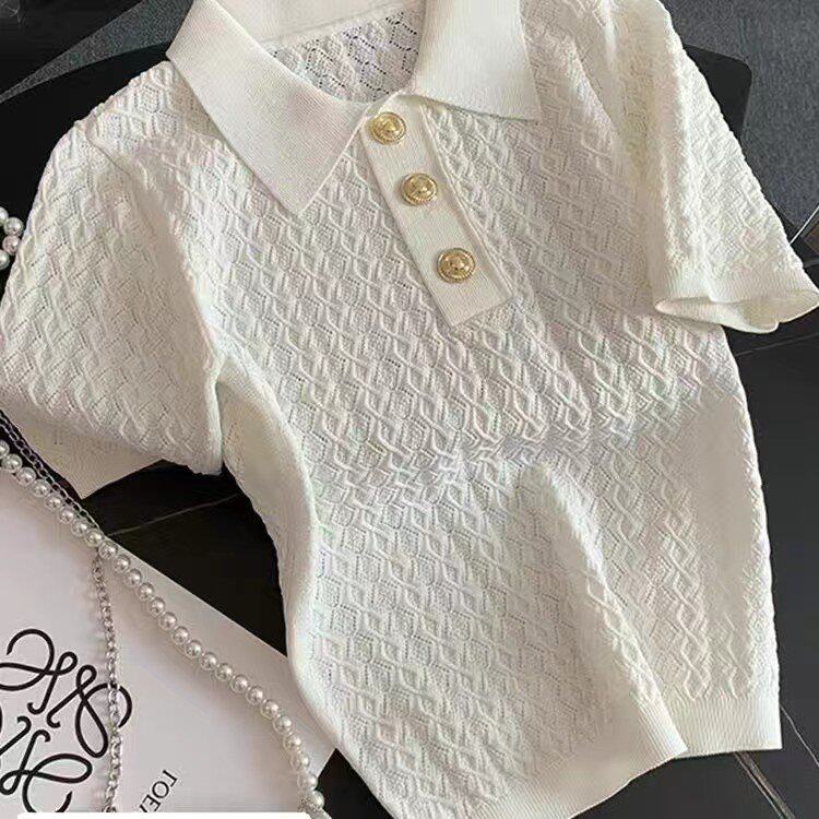 专柜品质法式高级感冰丝polo衫女夏薄款别致提花针织短袖T恤上衣