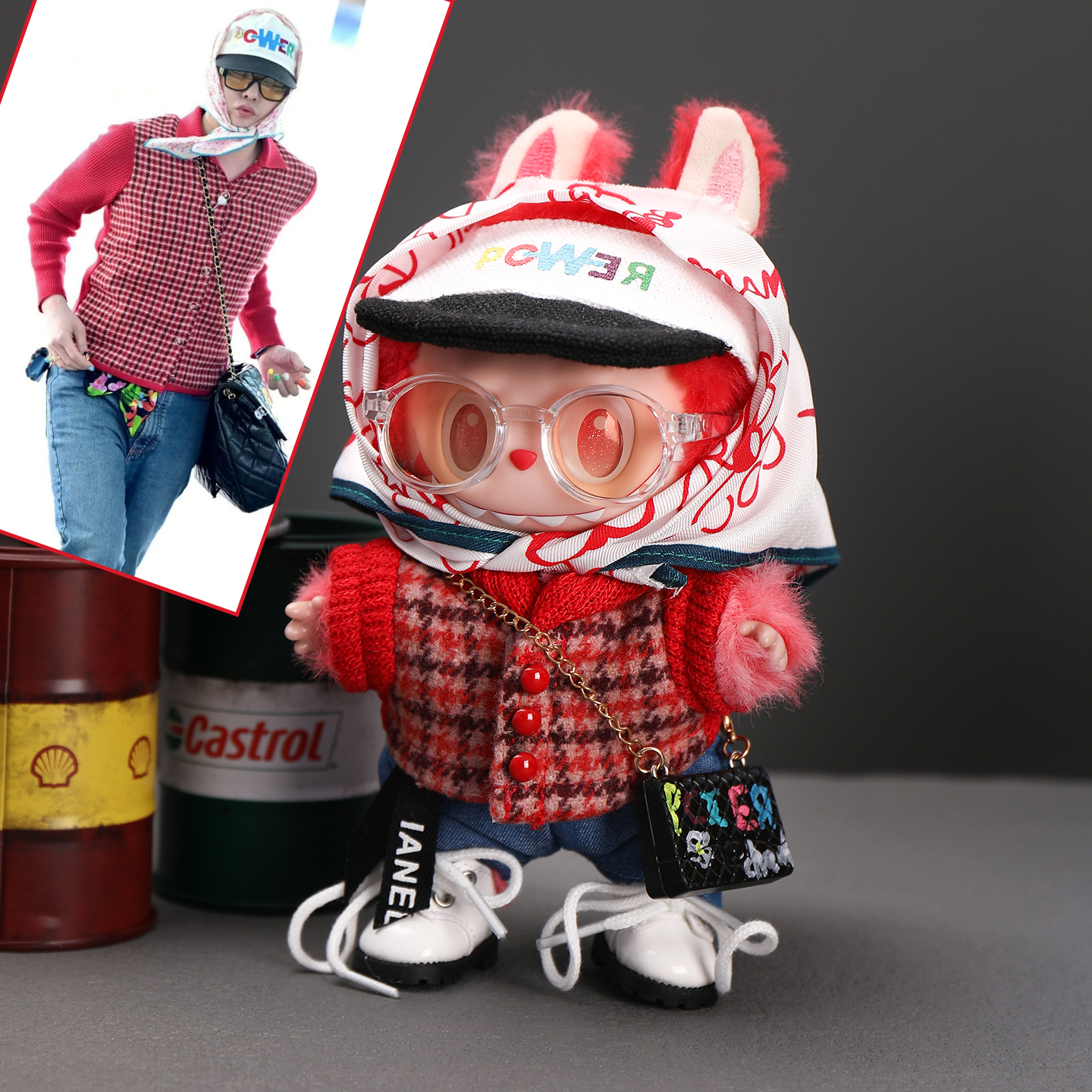 17CM拉布布衣服一二三代labubu娃衣GD同款权志龙红色千鸟格套装