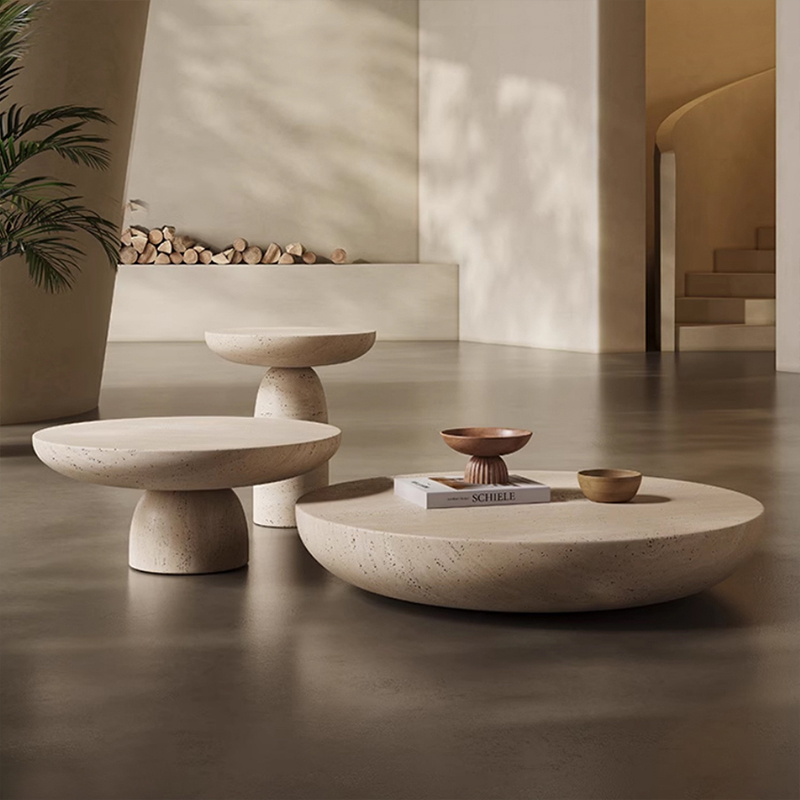 现代极简诧寂风洞石茶几网红设计师客厅家用沙发桌水泥茶几组合