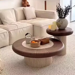 侘寂风实木圆形茶几小户型客厅家用极简中古咖啡桌