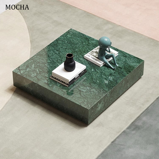 轻奢高级感天然大理石茶几进口印度绿现代客厅正方形奢石极简茶桌