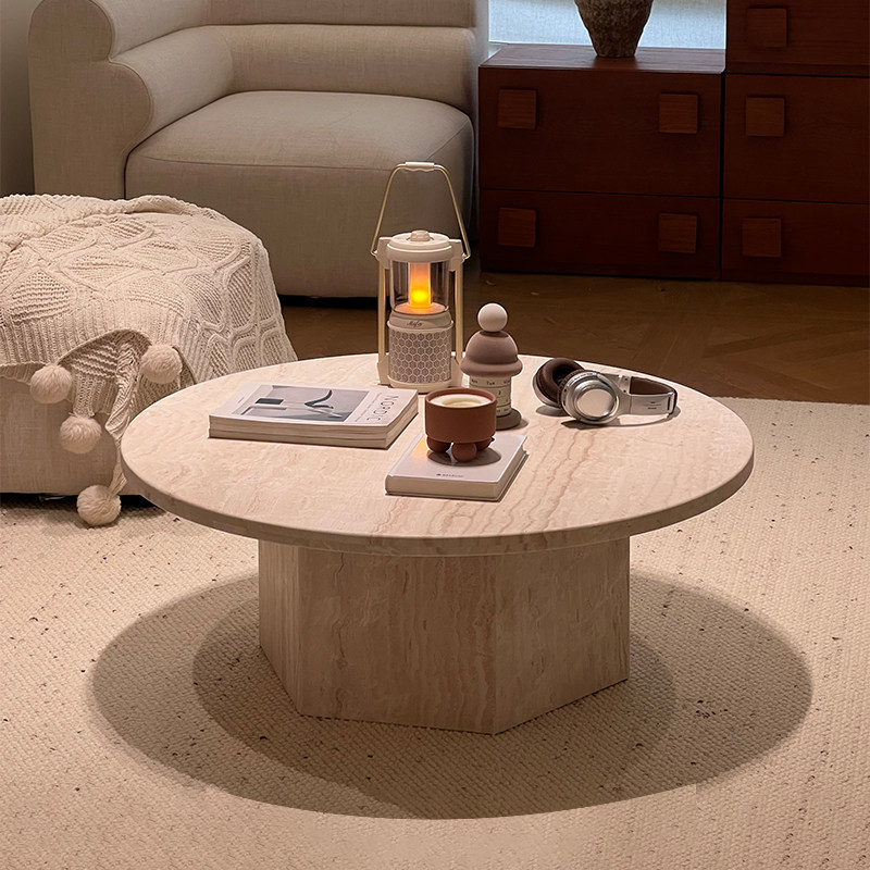 侘寂风法式圆形天然洞石茶几轻奢客厅家用设计师网红大理石茶桌