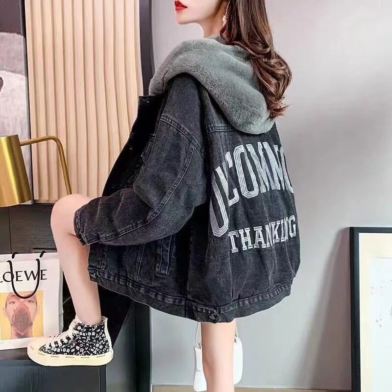 加绒加厚牛仔外套女冬季2025连帽刺绣韩版宽松保暖棉衣棉服ins潮