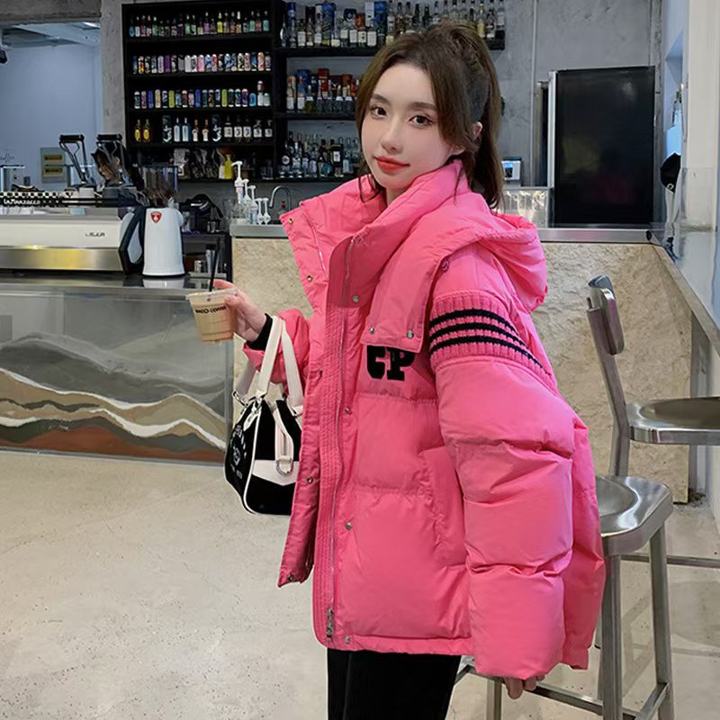 韩系学院风玫红色羽绒棉服女冬季今年流行短款小个子针织厚面包服