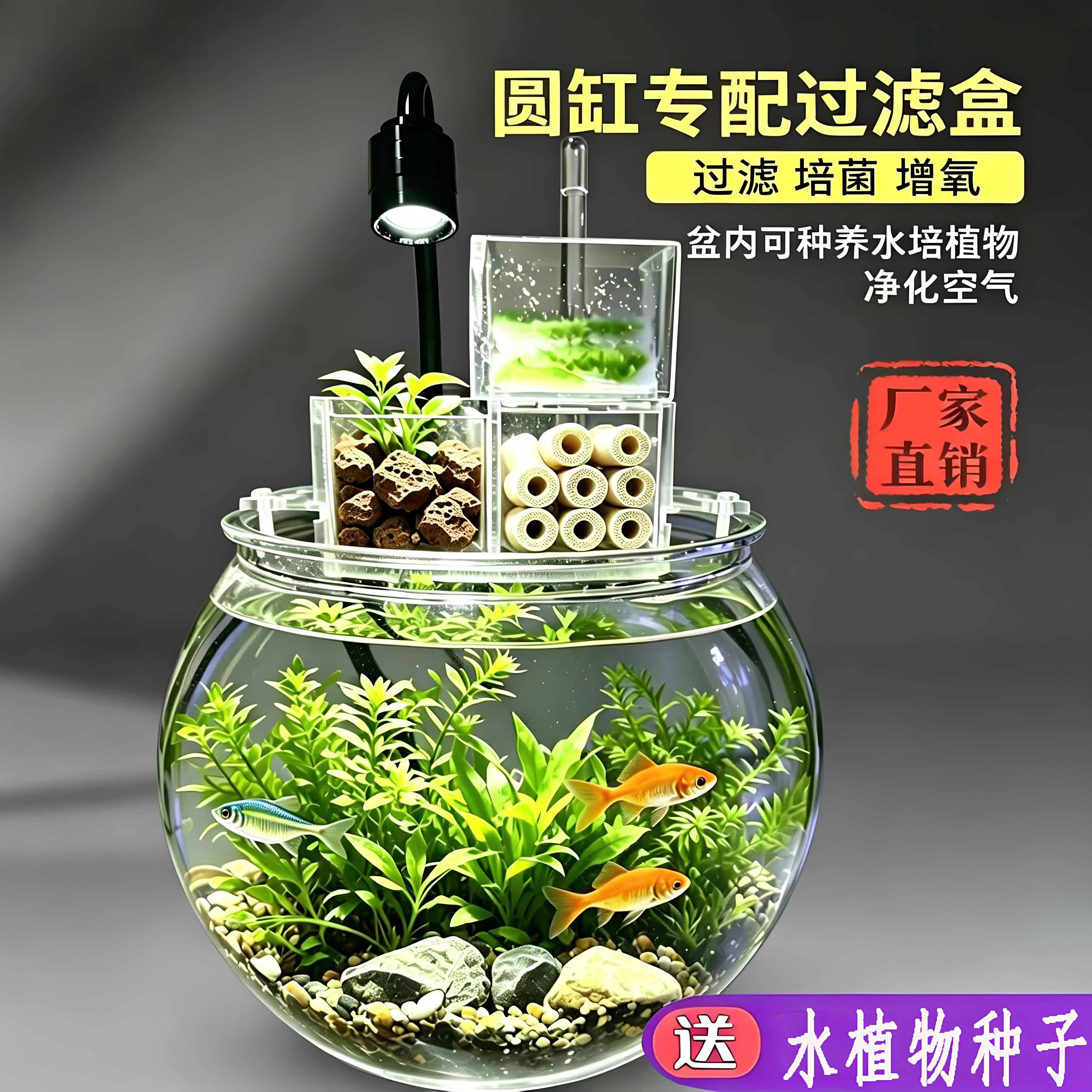 圆形鱼缸过滤器小型三合一圆缸上置过滤盒玻璃缸瀑布式静音净水器
