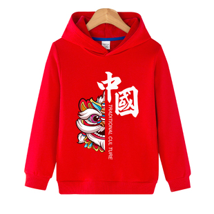 中国字红色加绒卫衣男童连帽儿童班服秋冬中大童小童运动会上衣女