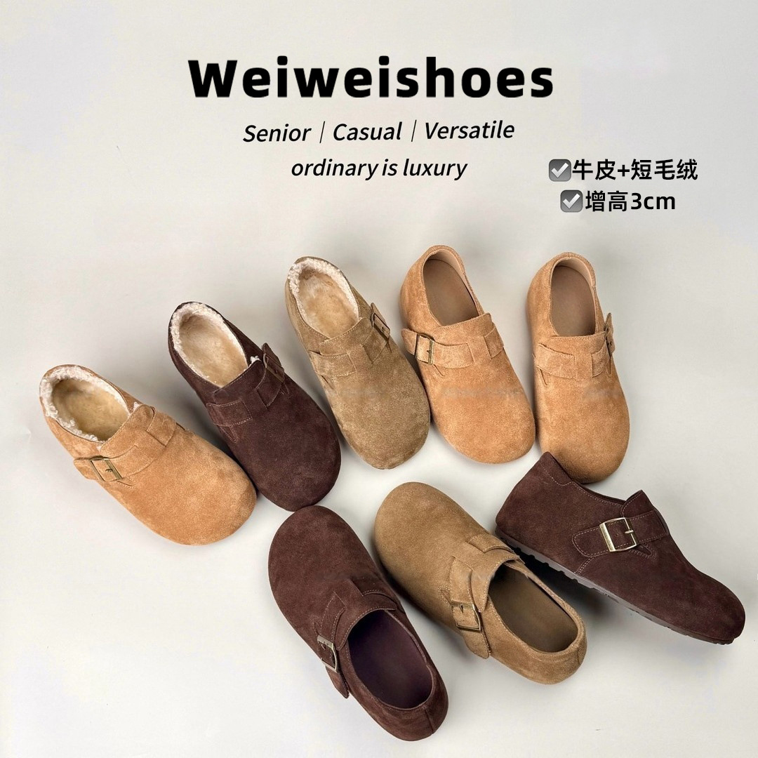 牛皮版内增高3CM~勃肯鞋女厚底秋冬加绒雪地靴一脚蹬棉鞋博肯