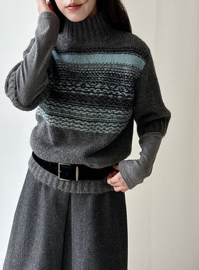 鹿西 韩系半高领复古条纹套头针织衫女冬季新款叠穿短袖毛衣ss960